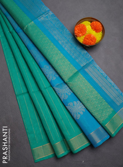 Kora silk cotton saree teal green and teal blue with allover zari weaves and zari woven border