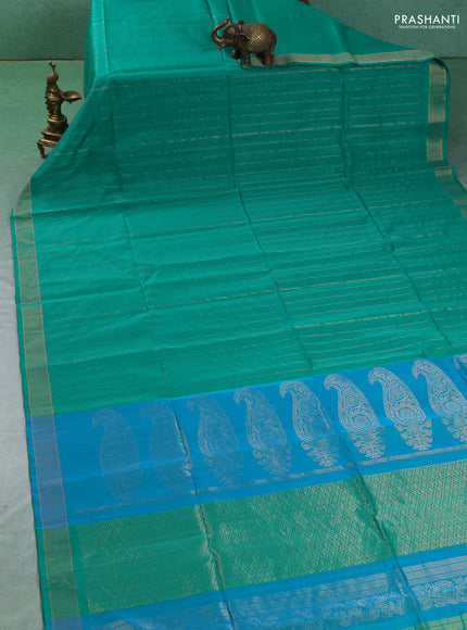 Kora silk cotton saree teal green and teal blue with allover zari weaves and zari woven border