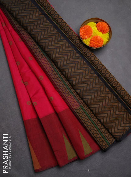 Kora silk cotton saree pink and maroon with allover thread woven buttas and long temple woven border