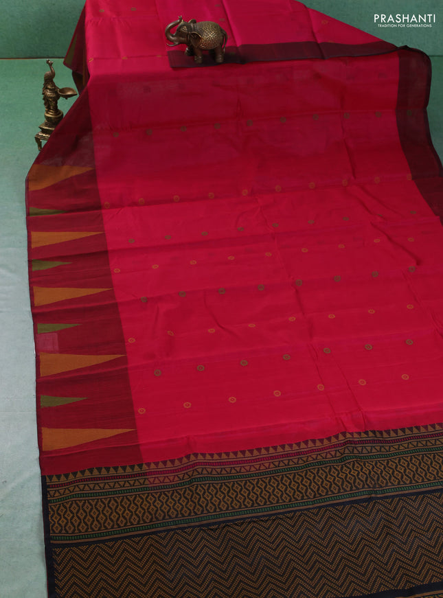 Kora silk cotton saree pink and maroon with allover thread woven buttas and long temple woven border