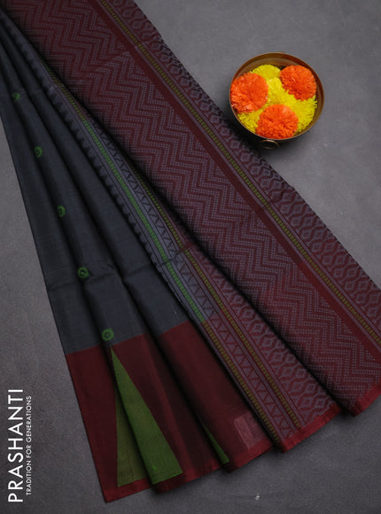 Kora silk cotton saree dark grey and deep maroon with allover thread woven buttas and long temple woven border