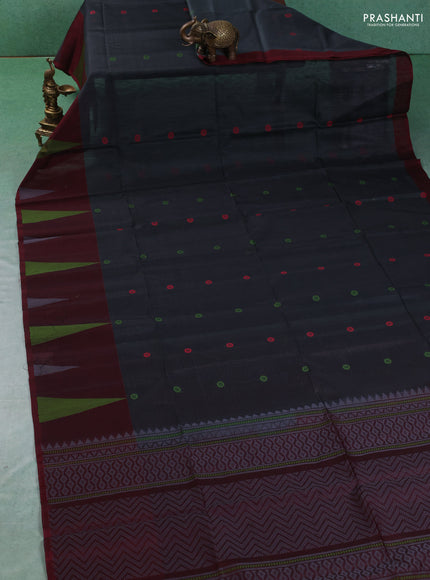 Kora silk cotton saree dark grey and deep maroon with allover thread woven buttas and long temple woven border