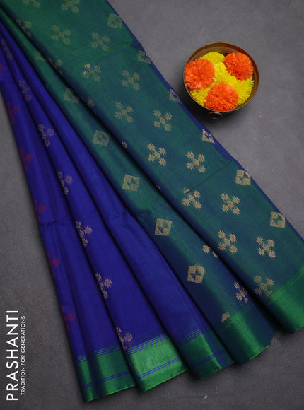 Kora silk cotton saree royal blue and green with allover zari woven buttas and rettapet border