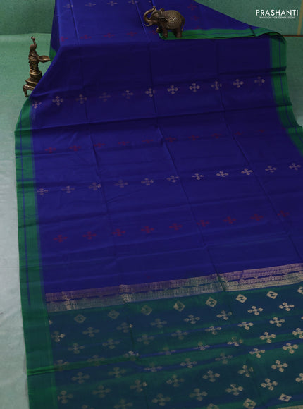 Kora silk cotton saree royal blue and green with allover zari woven buttas and rettapet border