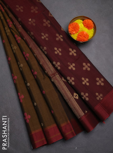 Kora silk cotton saree dark mustard and maroon with allover thread woven buttas and rettapet border
