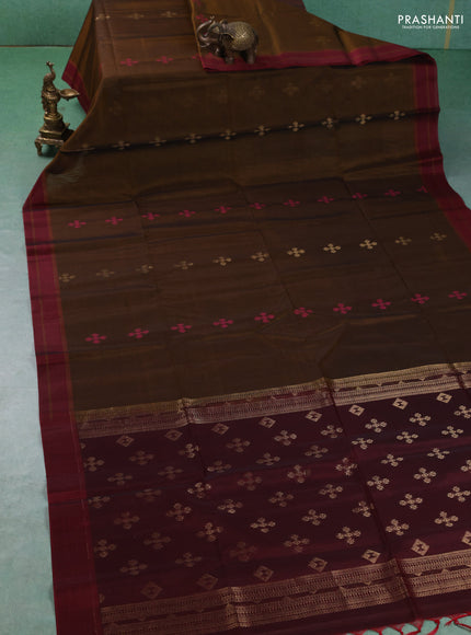 Kora silk cotton saree dark mustard and maroon with allover thread woven buttas and rettapet border