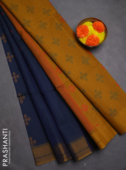 Kora silk cotton saree peacock blue and mustard yellow with allover thread woven buttas and rettapet border