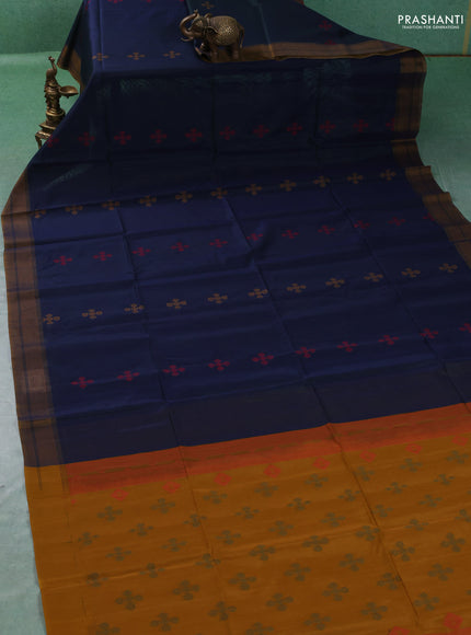 Kora silk cotton saree peacock blue and mustard yellow with allover thread woven buttas and rettapet border