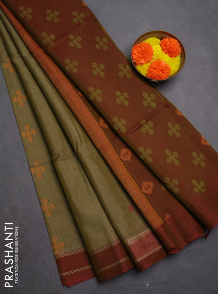 Kora silk cotton saree elaichi green and maroon with allover thread woven buttas and rettapet border