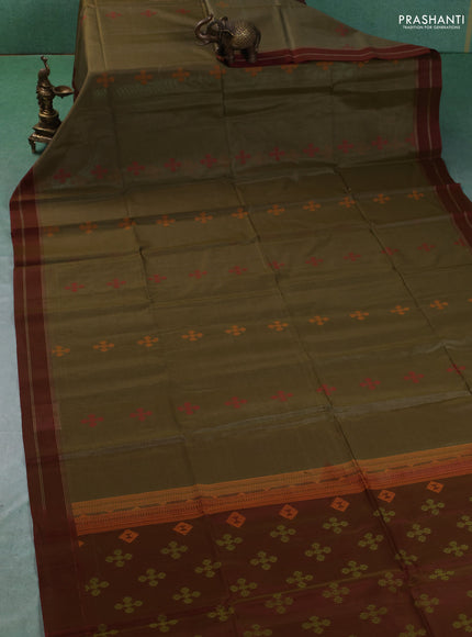 Kora silk cotton saree elaichi green and maroon with allover thread woven buttas and rettapet border
