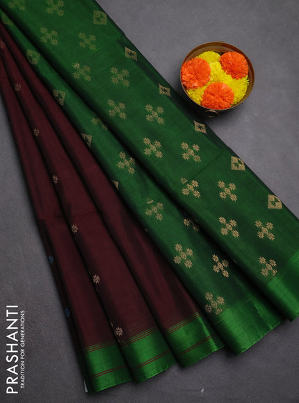 Kora silk cotton saree deep maroon and green with allover thread woven buttas and rettapet border