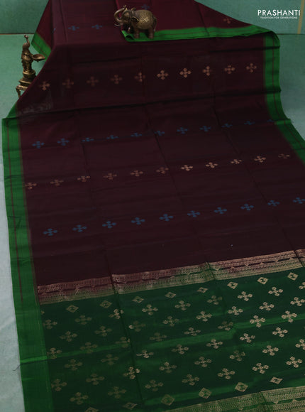 Kora silk cotton saree deep maroon and green with allover thread woven buttas and rettapet border