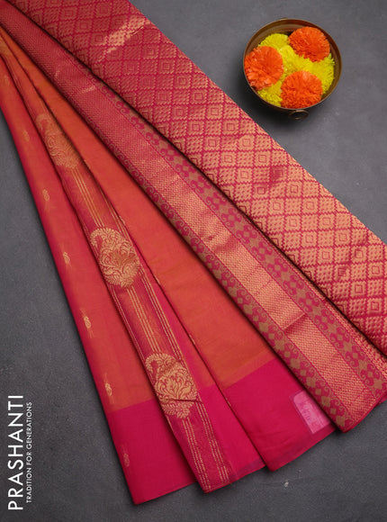 Kora silk cotton saree sunset orange and pink with allover zari weaves and zari woven butta border