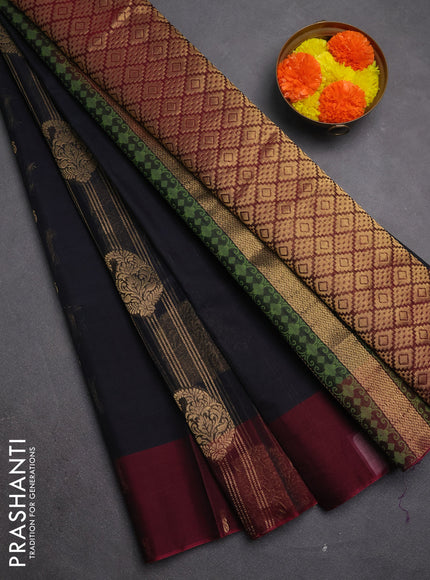 Kora silk cotton saree black and maroon with allover zari weaves and zari woven butta border