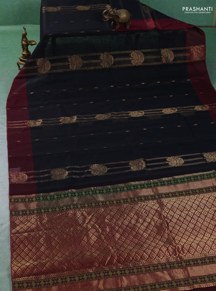 Kora silk cotton saree black and maroon with allover zari weaves and zari woven butta border