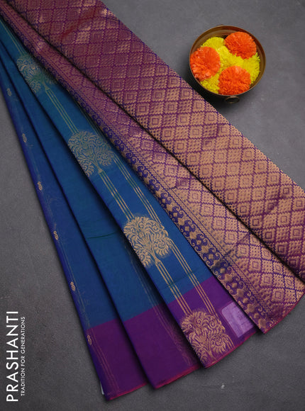 Kora silk cotton saree peacock blue and purple with allover zari weaves and zari woven butta border