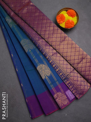 Kora silk cotton saree peacock blue and purple with allover zari weaves and zari woven butta border