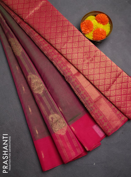Kora silk cotton saree dual shade of pinkish green and pink with allover zari weaves and zari woven butta border