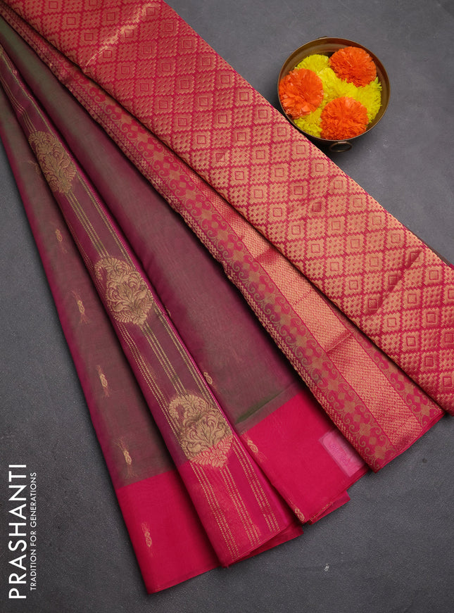 Kora silk cotton saree dual shade of pinkish green and pink with allover zari weaves and zari woven butta border