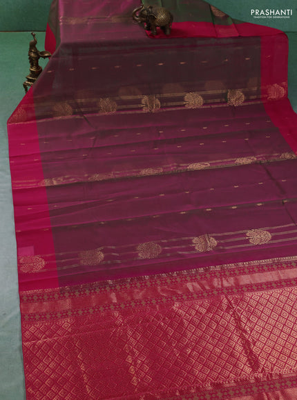 Kora silk cotton saree dual shade of pinkish green and pink with allover zari weaves and zari woven butta border