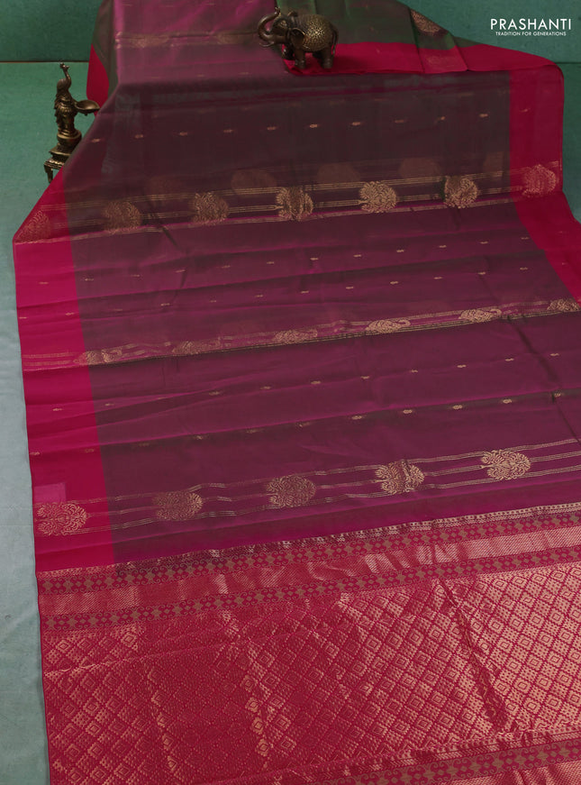 Kora silk cotton saree dual shade of pinkish green and pink with allover zari weaves and zari woven butta border