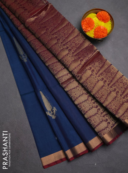 Kora silk cotton saree peacock blue and maroon shade with allover zari woven buttas and zari woven border