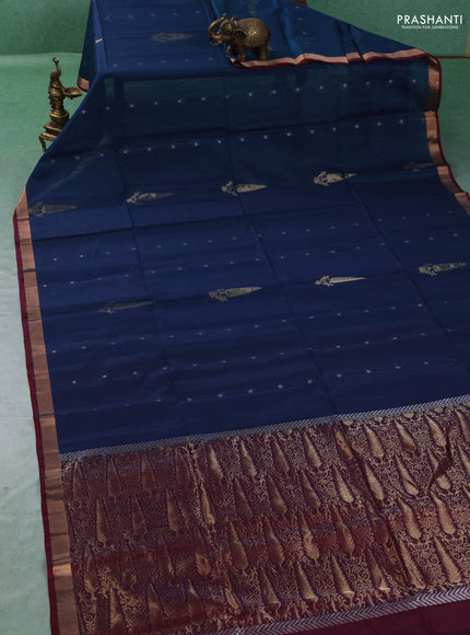 Kora silk cotton saree peacock blue and maroon shade with allover zari woven buttas and zari woven border