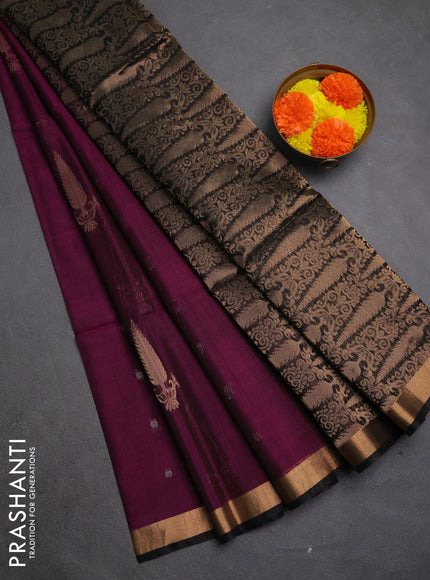 Kora silk cotton saree dark magenta pink and black with allover zari woven buttas and zari woven border