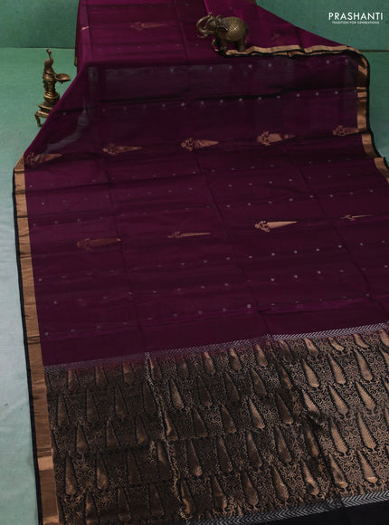 Kora silk cotton saree dark magenta pink and black with allover zari woven buttas and zari woven border