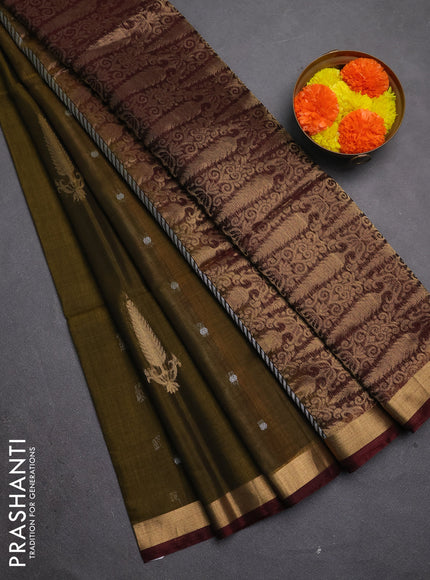 Kora silk cotton saree olive green and deep maroon with allover zari woven buttas and zari woven border