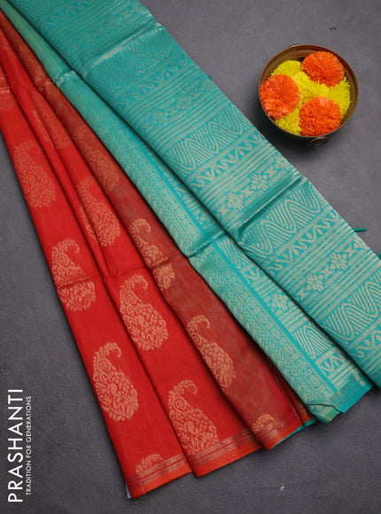 Kora silk cotton saree orange and teal green with allover paisley zari woven buttas and zari woven border