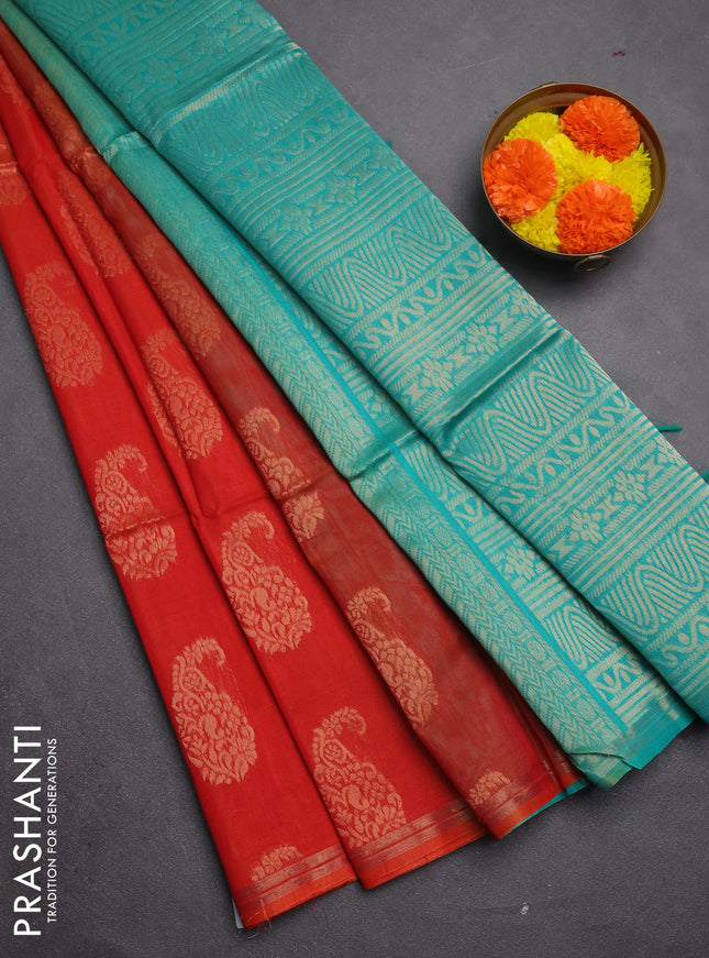 Kora silk cotton saree orange and teal green with allover paisley zari woven buttas and zari woven border