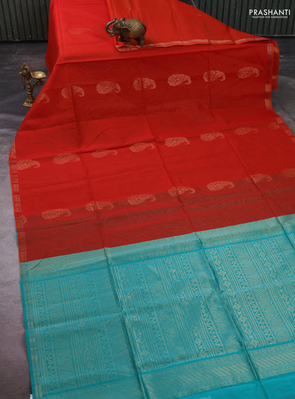 Kora silk cotton saree orange and teal green with allover paisley zari woven buttas and zari woven border