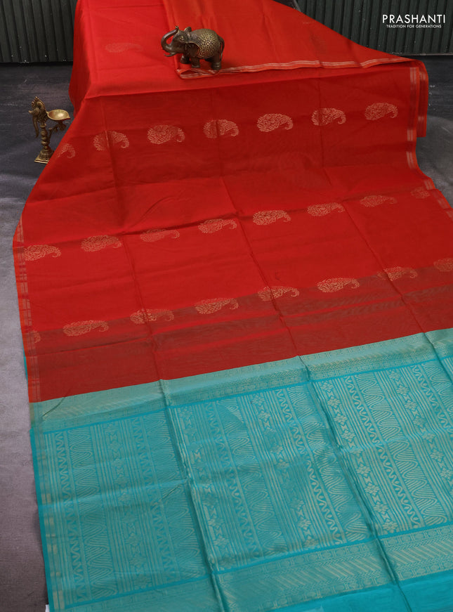 Kora silk cotton saree orange and teal green with allover paisley zari woven buttas and zari woven border