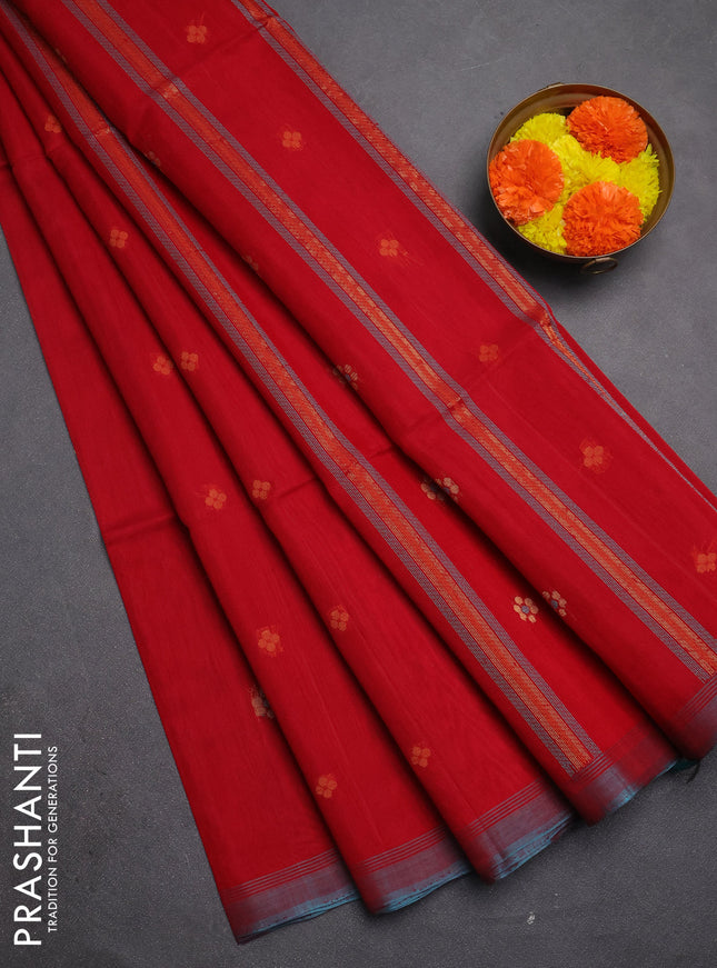 Kora silk cotton saree red and teal green with allover thread & zari woven buttas and simple border