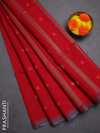 Kora silk cotton saree red and teal green with allover thread & zari woven buttas and simple border
