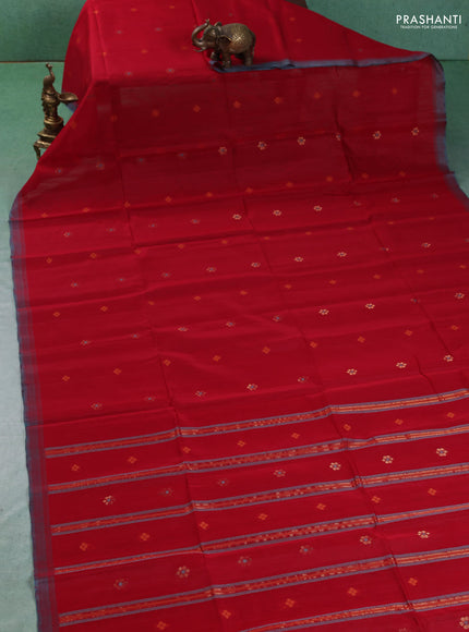 Kora silk cotton saree red and teal green with allover thread & zari woven buttas and simple border