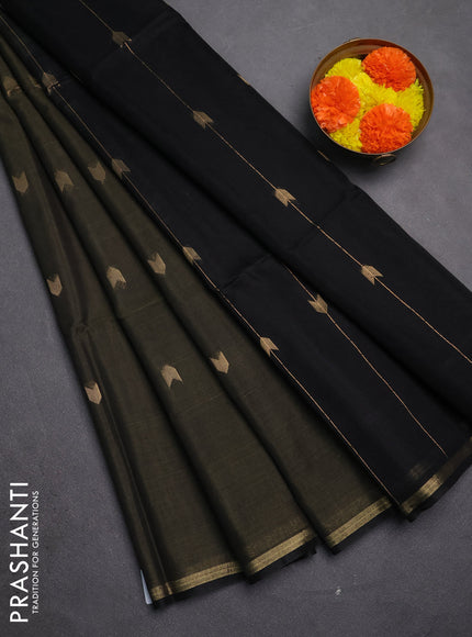 Kora silk cotton saree military green and black with zari woven buttas and zari woven piping border