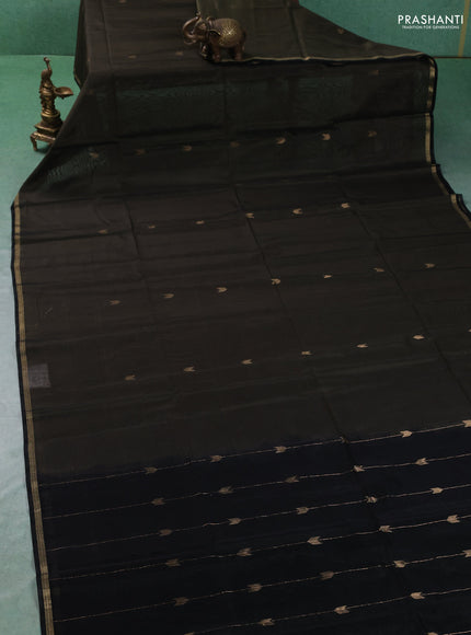 Kora silk cotton saree military green and black with zari woven buttas and zari woven piping border