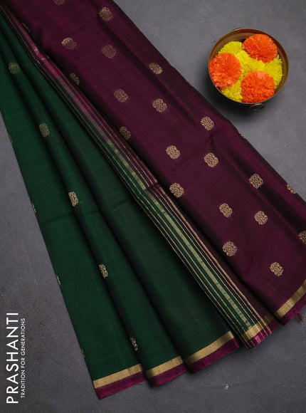 Kora silk cotton saree green and dark magenta pink with zari woven buttas and zari woven piping border