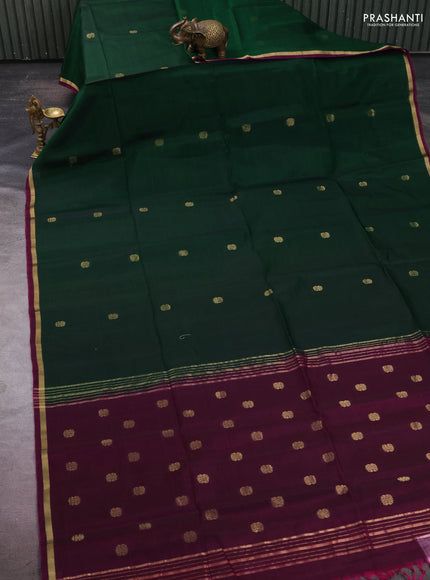 Kora silk cotton saree green and dark magenta pink with zari woven buttas and zari woven piping border