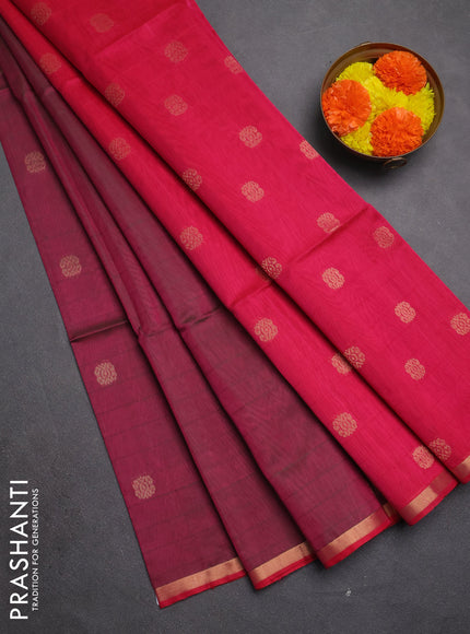 Kora silk cotton saree magenta pink and pink with zari woven buttas and zari woven piping border