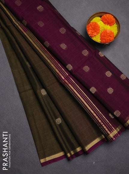 Kora silk cotton saree olive green and dark magenta pink with zari woven buttas and zari woven piping border