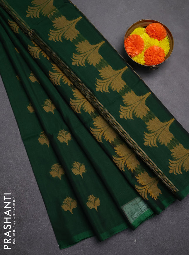 Kora silk cotton saree green with thread & zari woven buttas in borderless style