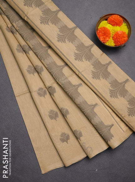 Kora silk cotton saree beige with thread & zari woven buttas in borderless style