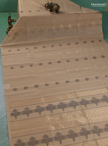 Kora silk cotton saree beige with thread & zari woven buttas in borderless style