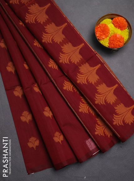 Kora silk cotton saree maroon with thread & zari woven buttas in borderless style