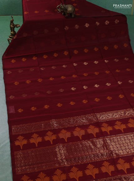 Kora silk cotton saree maroon with thread & zari woven buttas in borderless style
