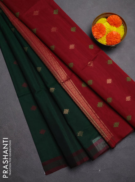 Kora silk cotton saree green and maroon with thread & zari woven buttas and rettapet border