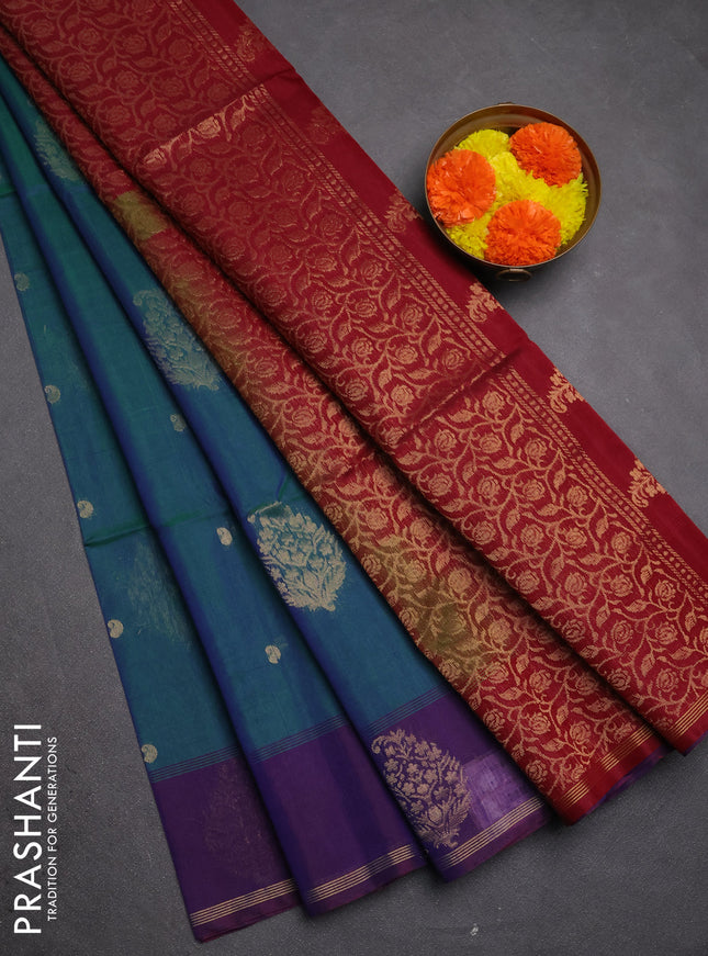 Kora silk cotton saree peacock green and maroon with thread & zari woven buttas and zari woven butta border